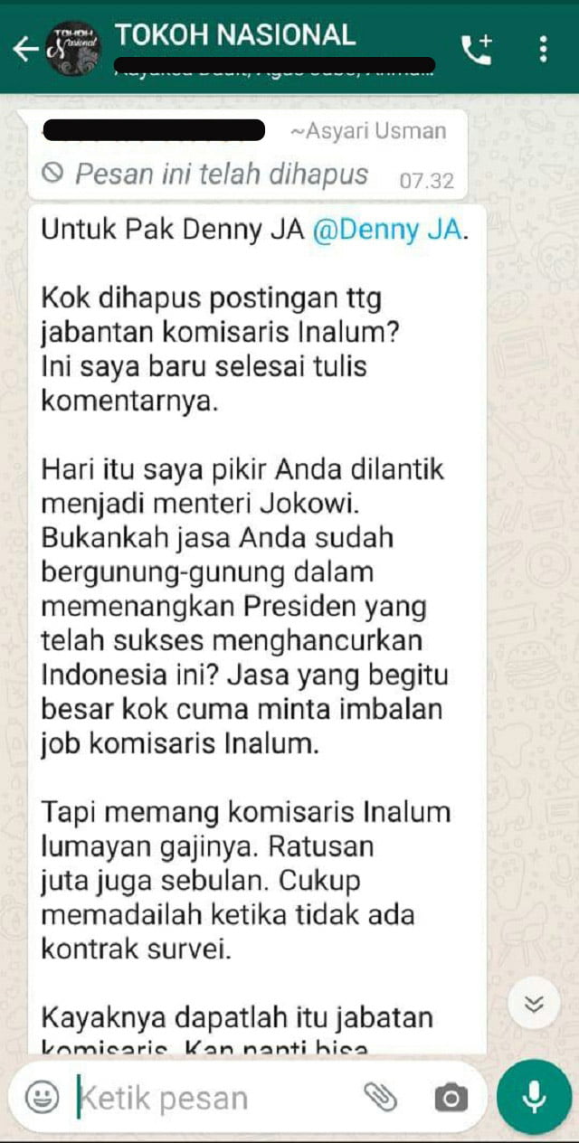 Viral, Diduga Pesan WA Denny JA Minta Jadi Komisaris PT Inalum ke LBP