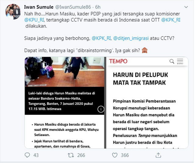 Aktor Suap PAW Harun Masiku Ada di Indonesia, Siapa Yang Berbohong?