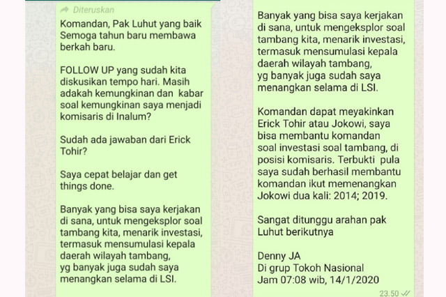 Viral, Diduga Pesan WA Denny JA Minta Jadi Komisaris PT Inalum ke LBP