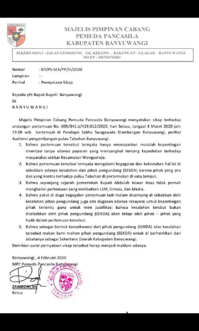 Buntut Kisruh Audiensi Sewa Pulau Tabuhan, MPC Pemuda Pancasila Banyuwangi Minta Bupati Copot Sekda