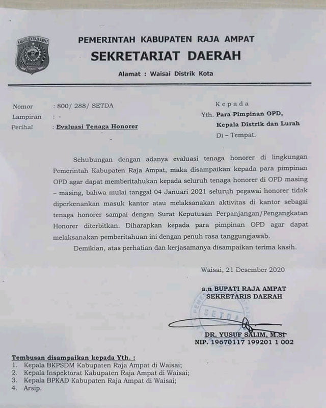 Semua Tenaga Honorer Pemda Raja Ampat Dirumahkan Sementara