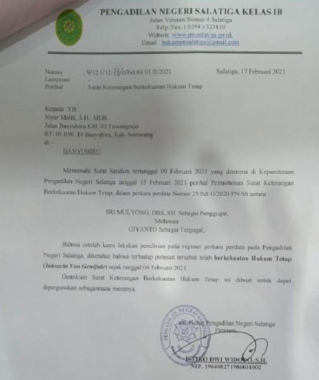 Gugatan Pra Peradilan Perkara Sri Mulyono Dinyatakan Inkrah